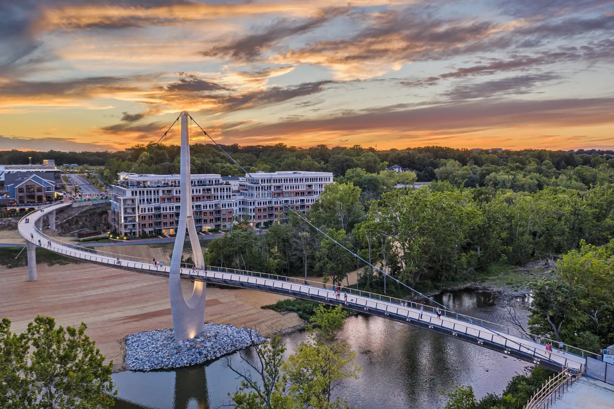 Aerial view of Dublin, OH landmark pedestrian bridge, serving as a primary service area for Zion Windows