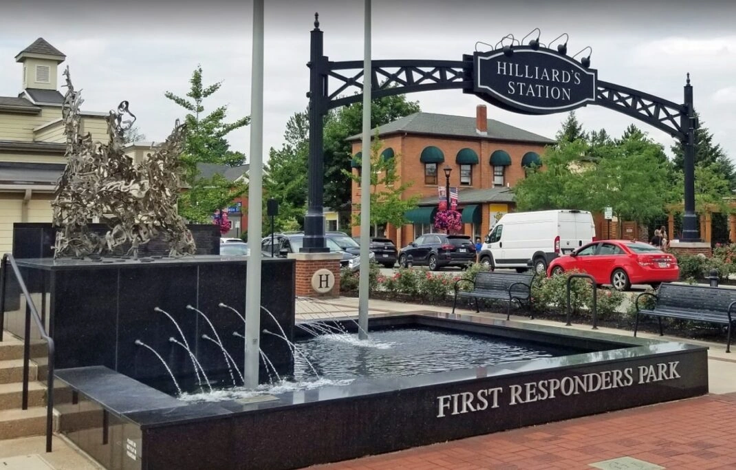 Hilliard's Station Park sign and downtown area in Hilliard, OH, a key local service area for replacement windows