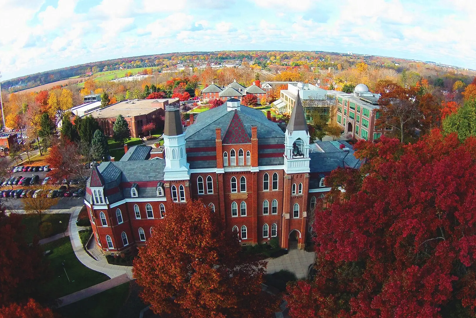 Aerial view of historic Westerville, OH buildings, home to Zion Windows operations base